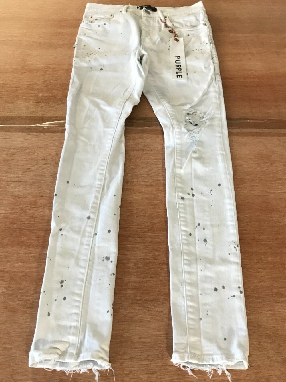Purple Slim Fit Jeans Men 28x30 Gray White Paint Splatter Low Rise Raw Hem 19413